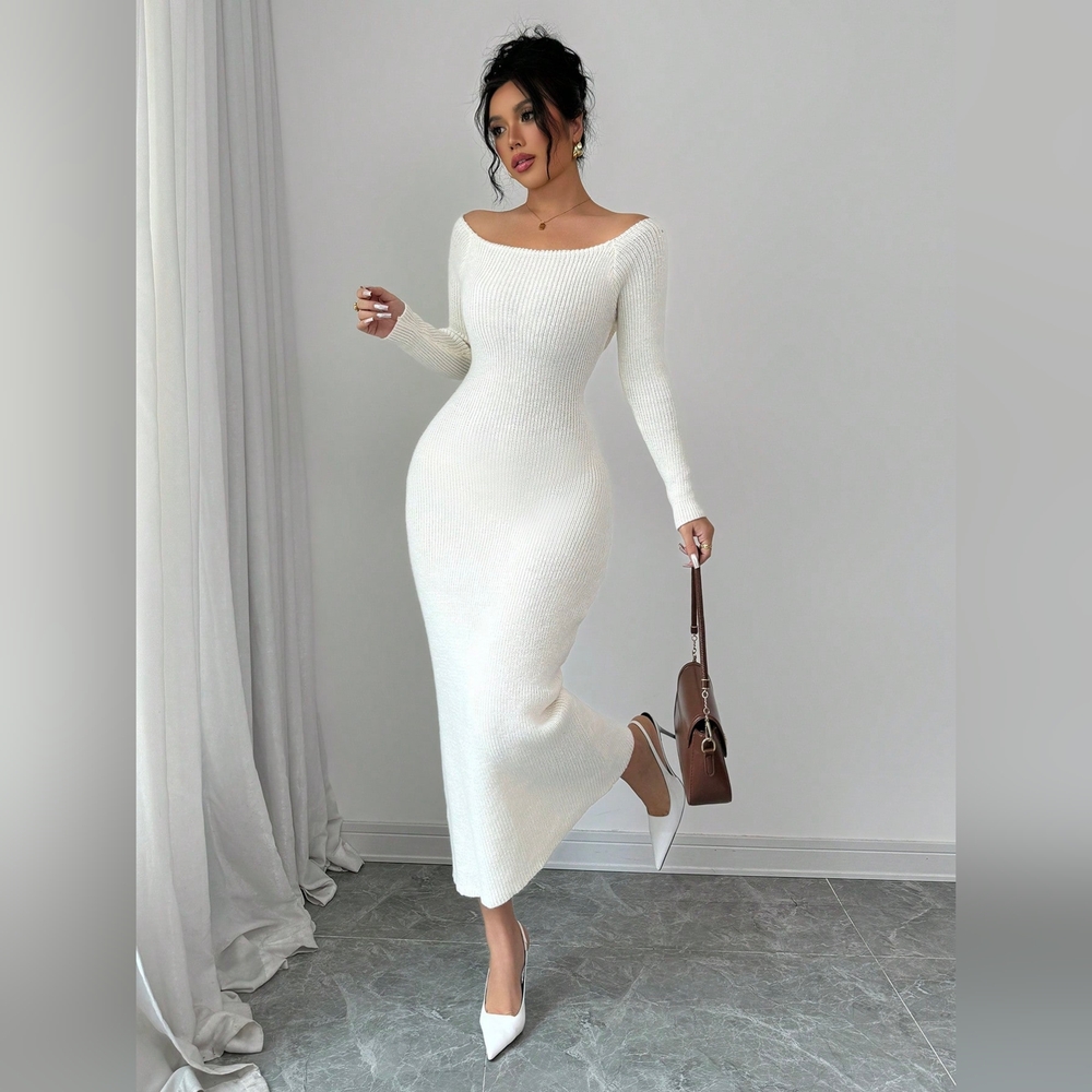 Women's Off Shoulder Bowknot Sweater Dress, Elegant Design For Autumn/Winter - Picture 6 of 7